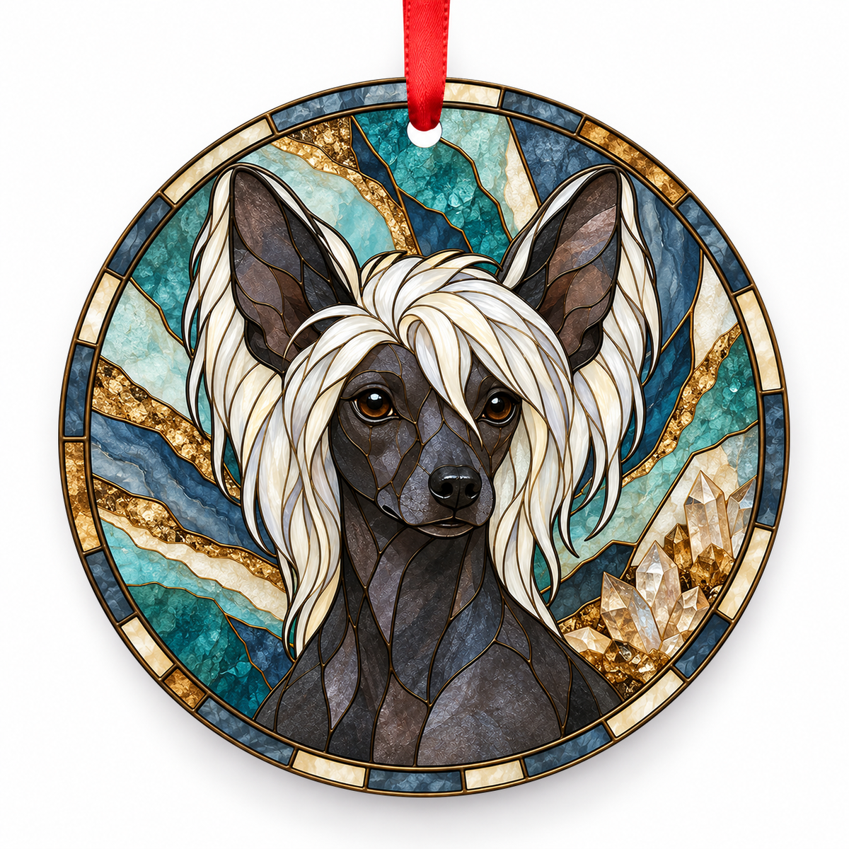 Chinese Crested Hairless Black and White porcelain Christmas ornament with red ribbon — ORN-10441