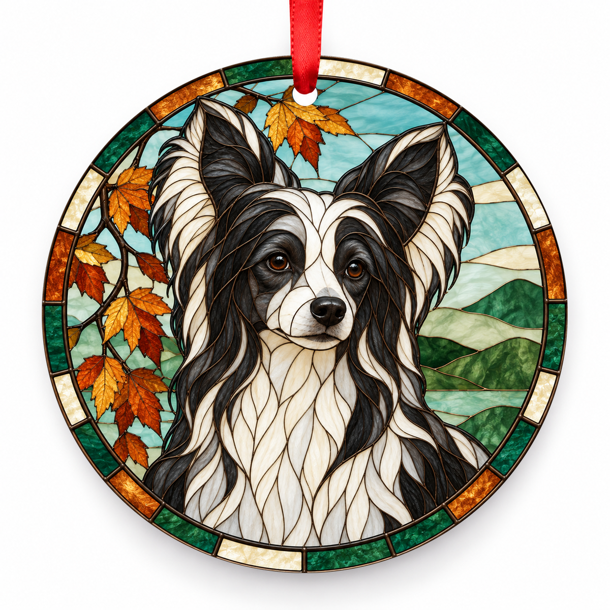 Chinese Crested Powderpuff Black and White porcelain Christmas ornament with red ribbon — ORN-10442