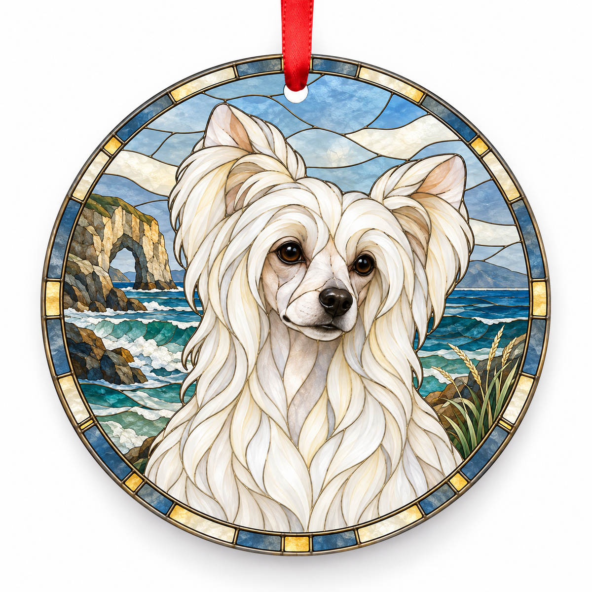 Chinese Crested Powderpuff White porcelain Christmas ornament with red ribbon — ORN-10443