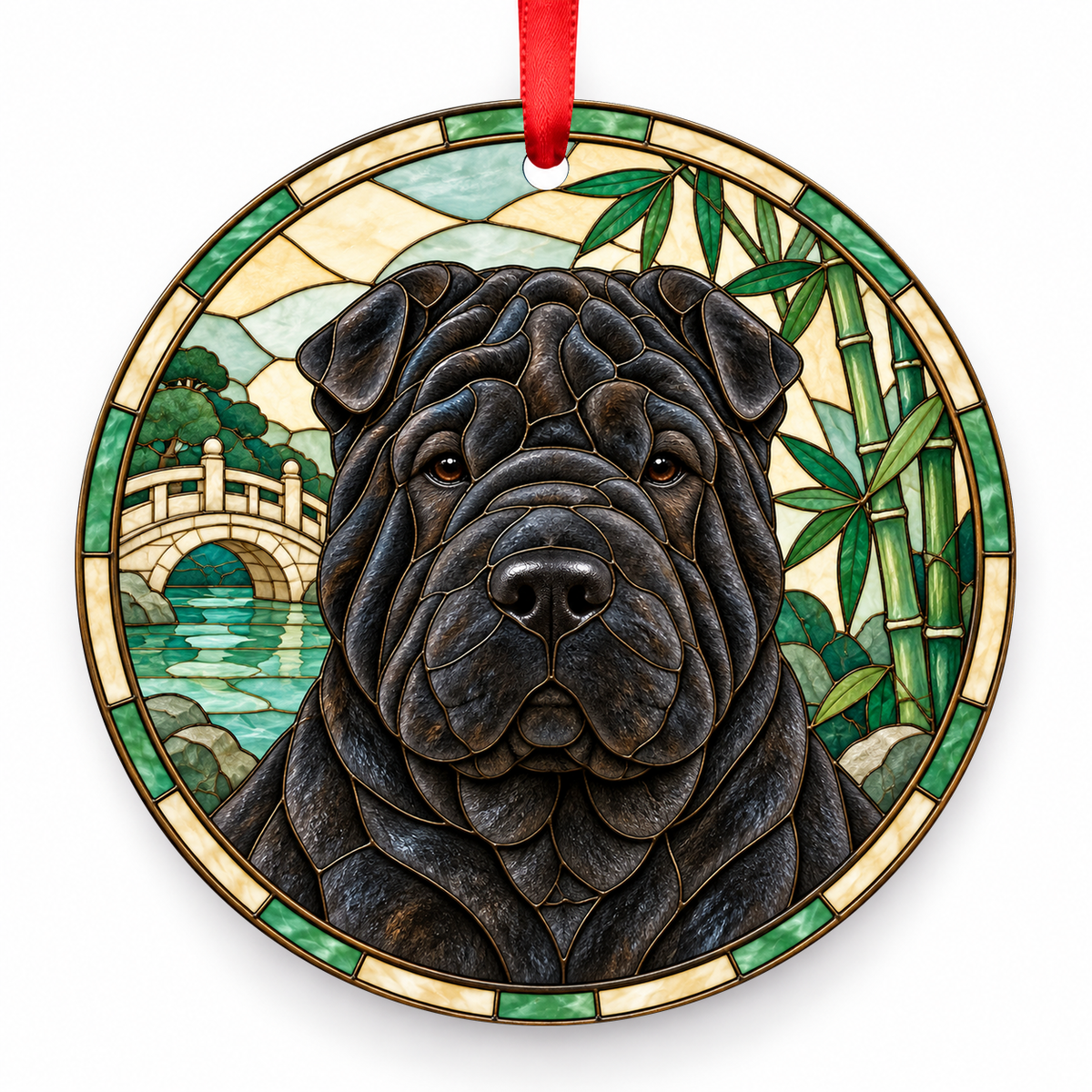 Chinese Shar-Pei Black porcelain Christmas ornament with red ribbon — ORN-10444