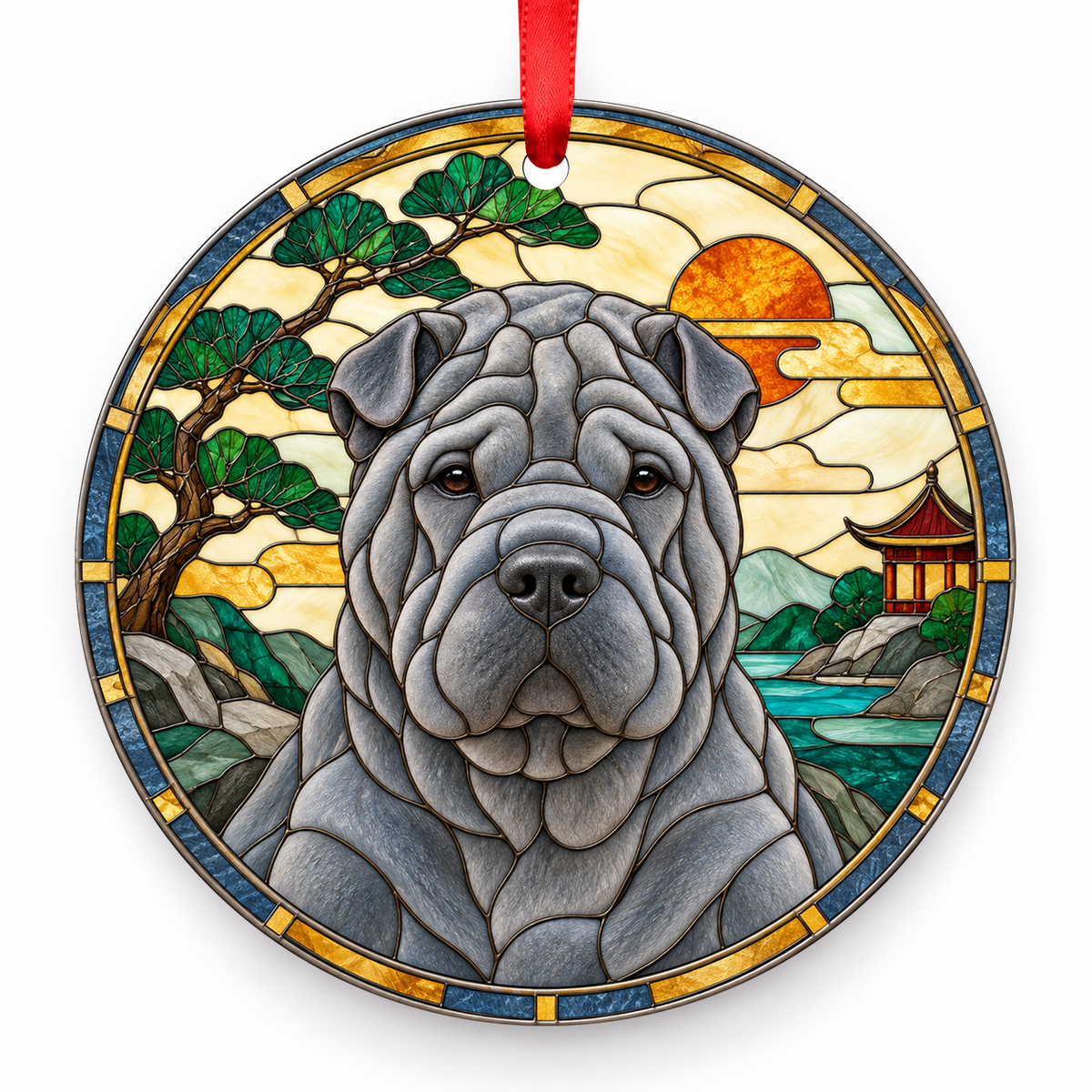 Chinese Shar-Pei Blue porcelain Christmas ornament with red ribbon — ORN-10445