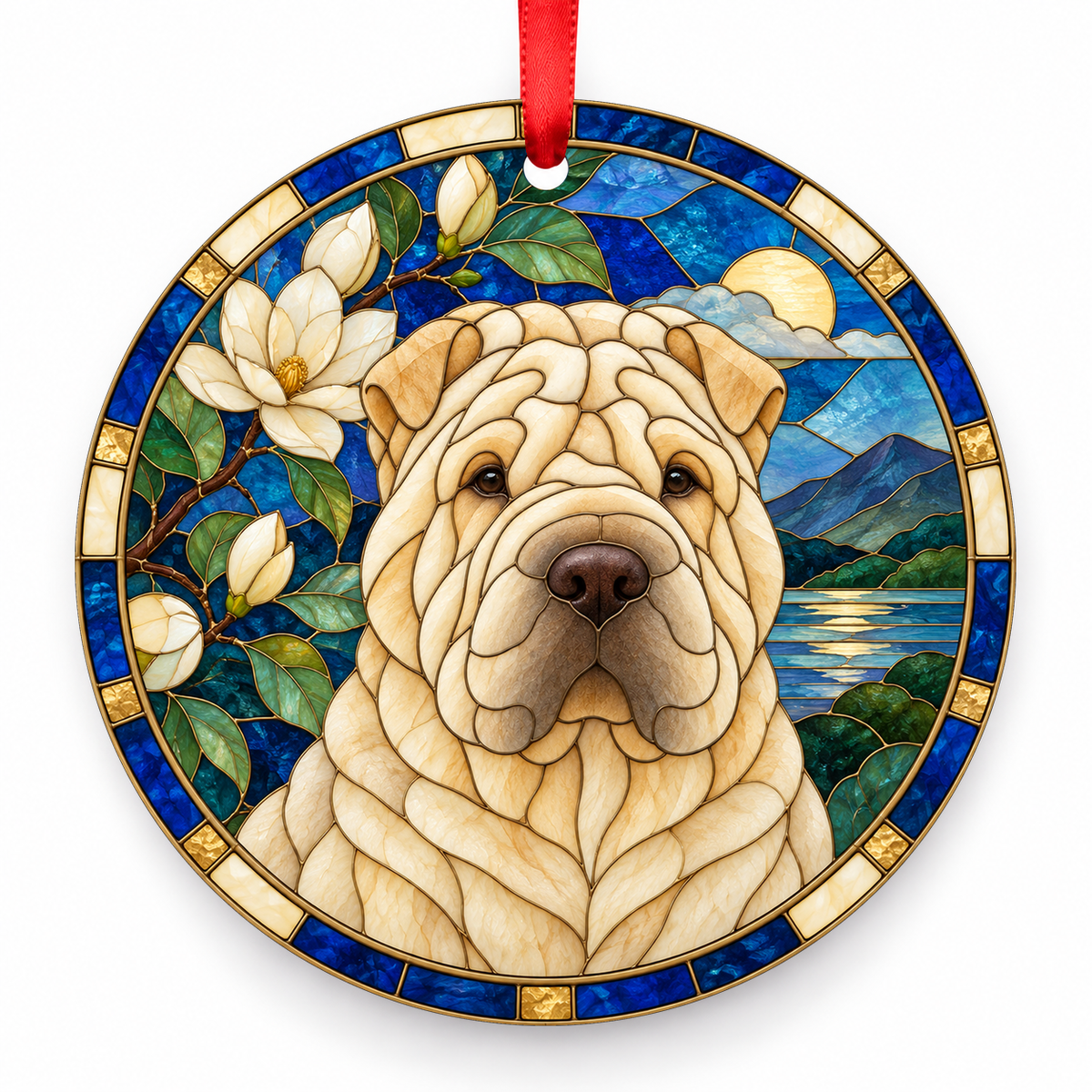 Chinese Shar-Pei Cream porcelain Christmas ornament with red ribbon — ORN-10446