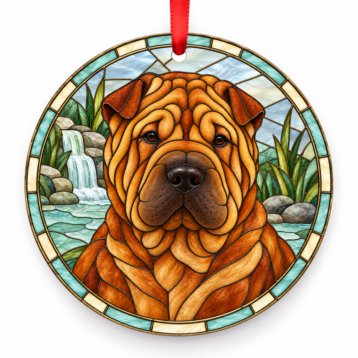 Chinese Shar-Pei Red Fawn porcelain Christmas ornament with red ribbon — ORN-10448