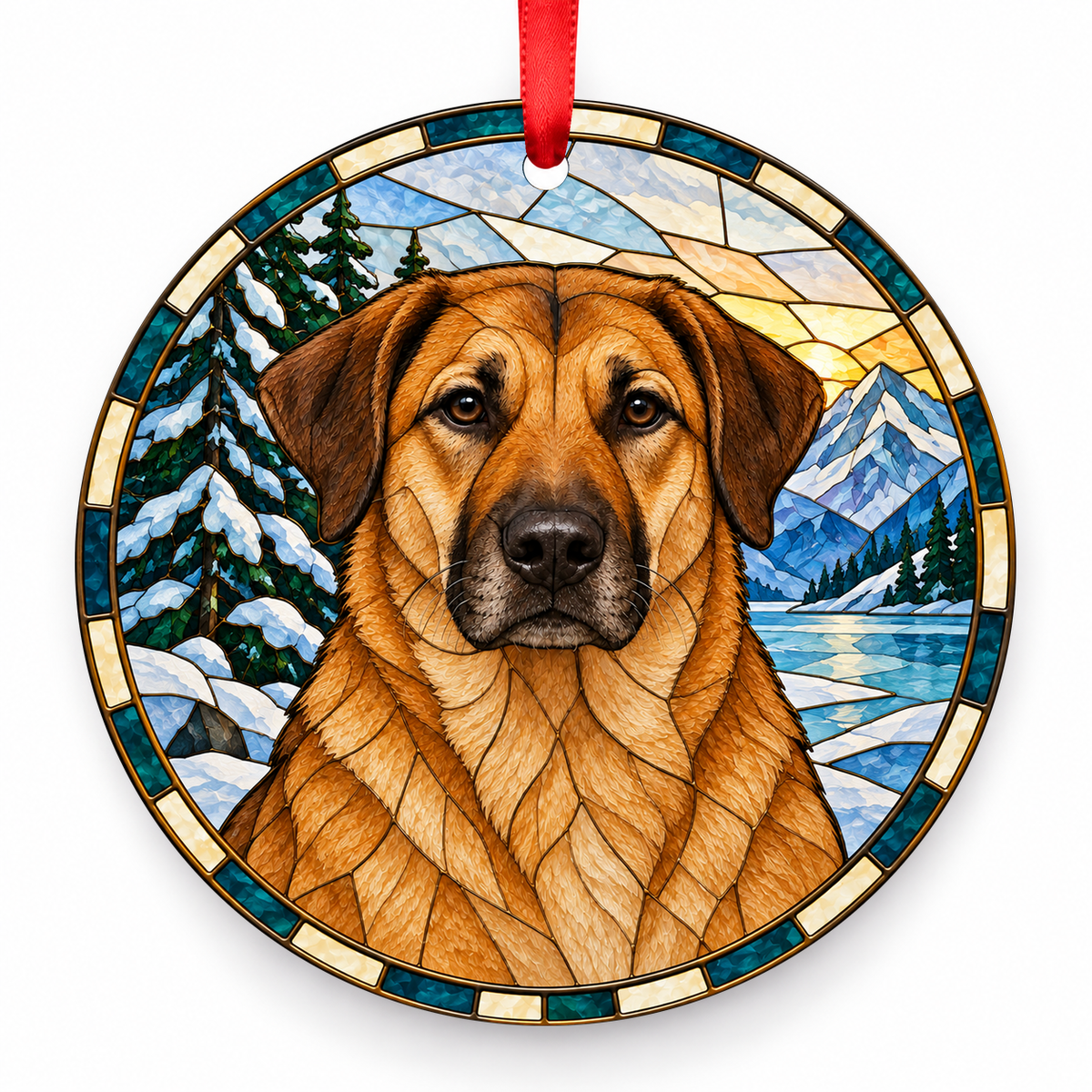 Chinook Tawny porcelain Christmas ornament with red ribbon — ORN-10449