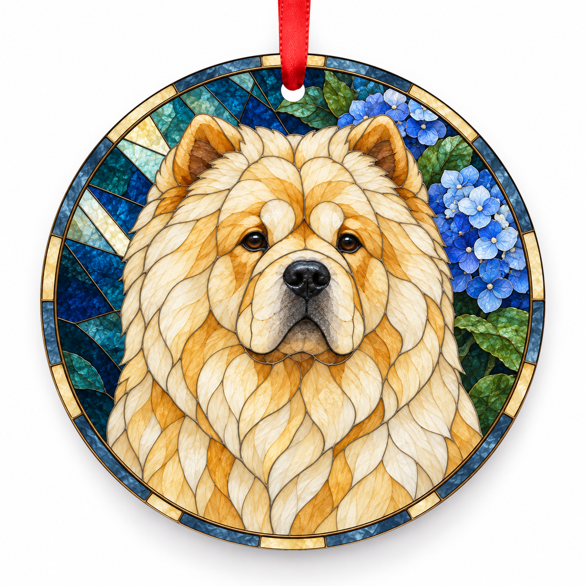 Chow Chow Cream porcelain Christmas ornament with red ribbon — ORN-10453