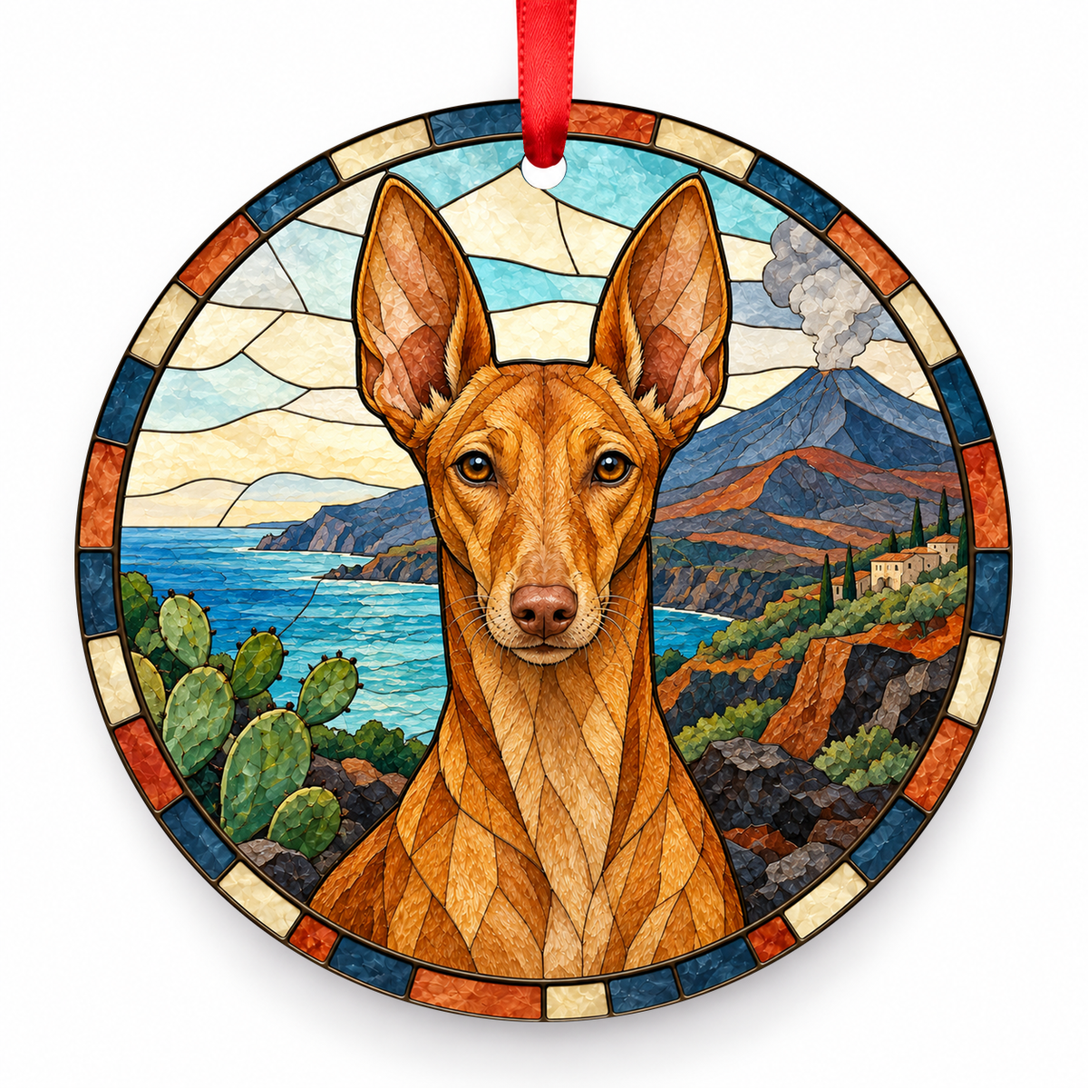Cirneco Dell'etna Tan porcelain Christmas ornament with red ribbon — ORN-10457