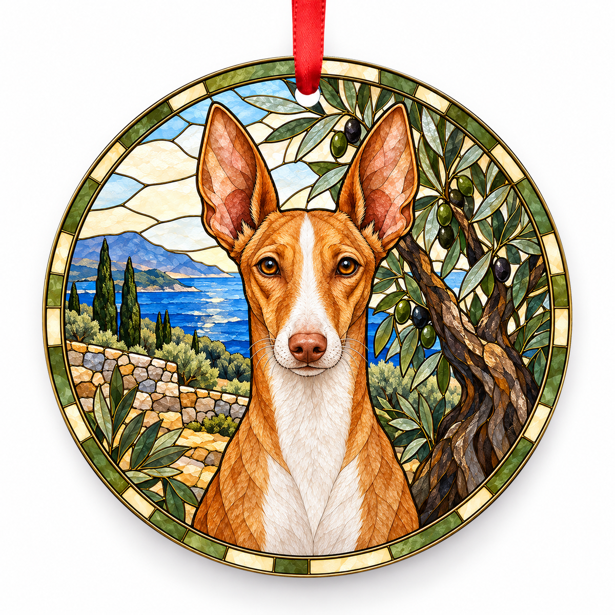 Cirneco Dell'etna Tan and White porcelain Christmas ornament with red ribbon — ORN-10458