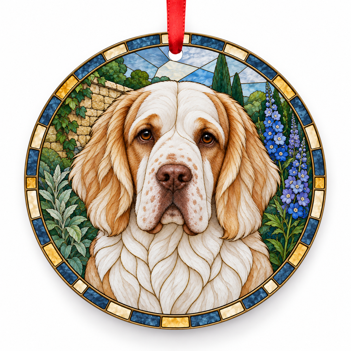 Clumber Spaniel White and Lemon porcelain Christmas ornament with red ribbon — ORN-10459