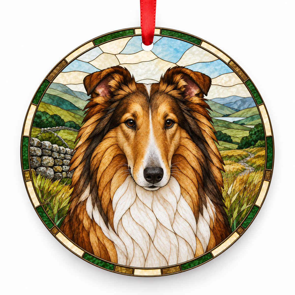 Collie Rough Sable and White porcelain Christmas ornament with red ribbon — ORN-10460