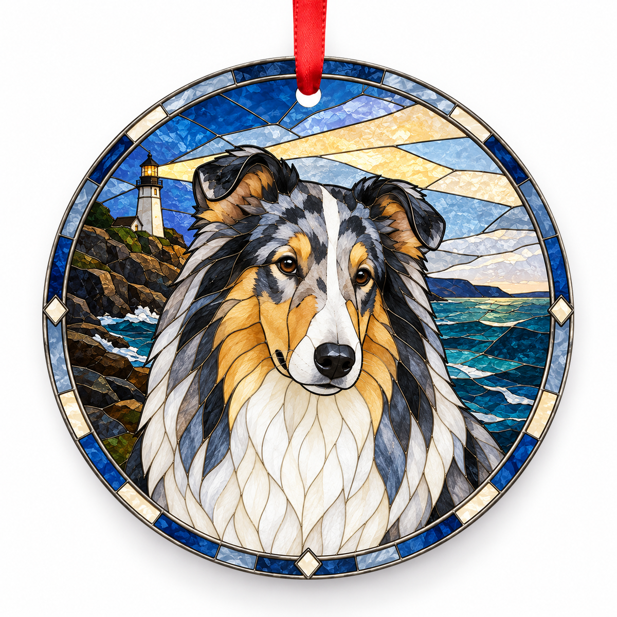 Collie Rough Blue Merle porcelain Christmas ornament with red ribbon — ORN-10461
