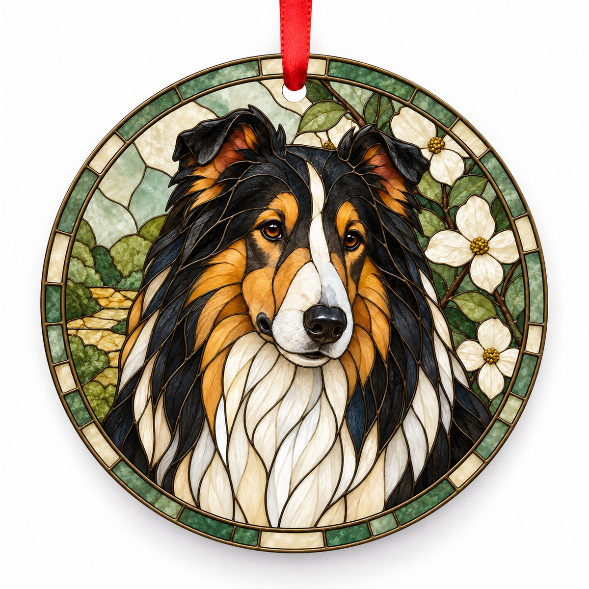 Collie Rough Tricolor porcelain Christmas ornament with red ribbon — ORN-10462