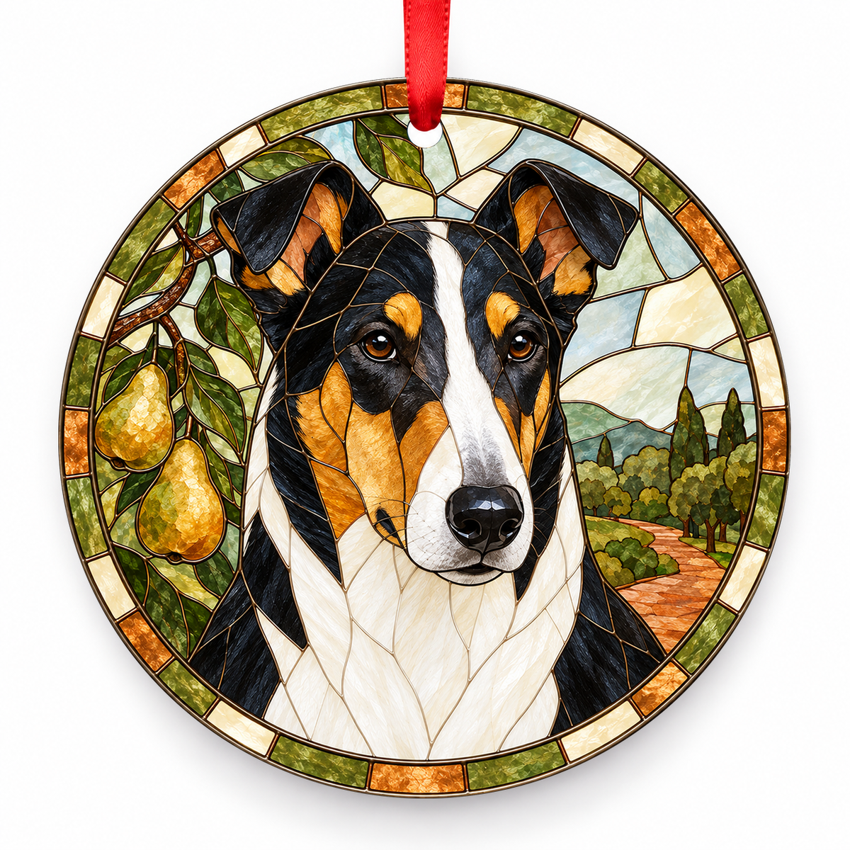 Collie Smooth Tricolor porcelain Christmas ornament with red ribbon — ORN-10465