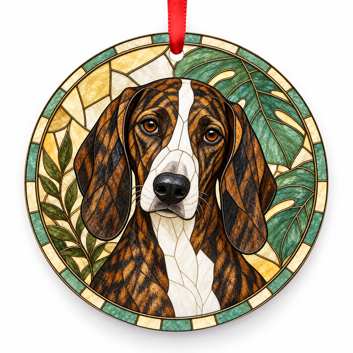 Colombian Fino Hound Brindle and White porcelain Christmas ornament with red ribbon — ORN-10467