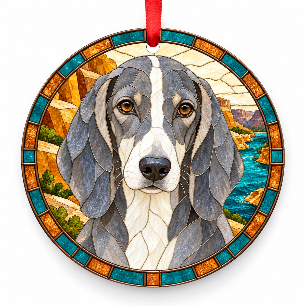 Colombian Fino Hound Gray and White porcelain Christmas ornament with red ribbon — ORN-10469