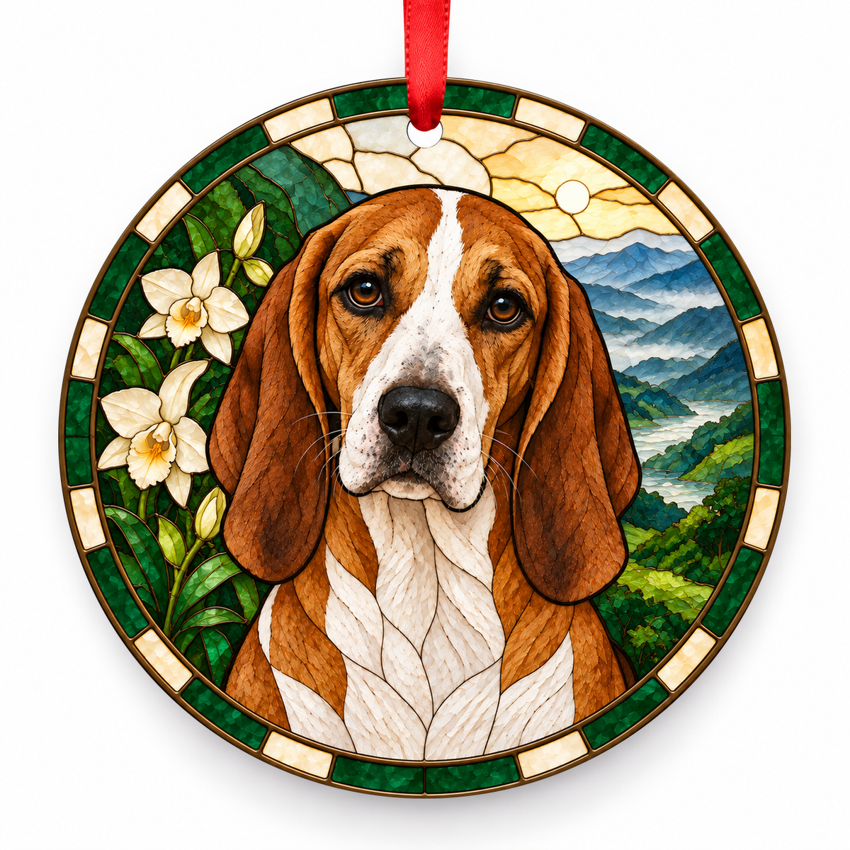 Colombian Fino Hound Brown and White porcelain Christmas ornament with red ribbon — ORN-10470