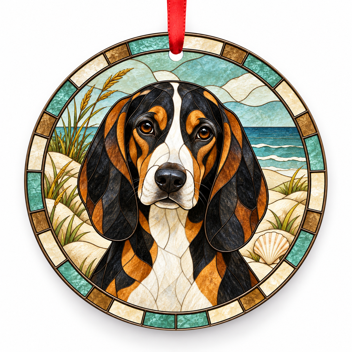 Colombian Fino Hound Tricolor porcelain Christmas ornament with red ribbon — ORN-10472