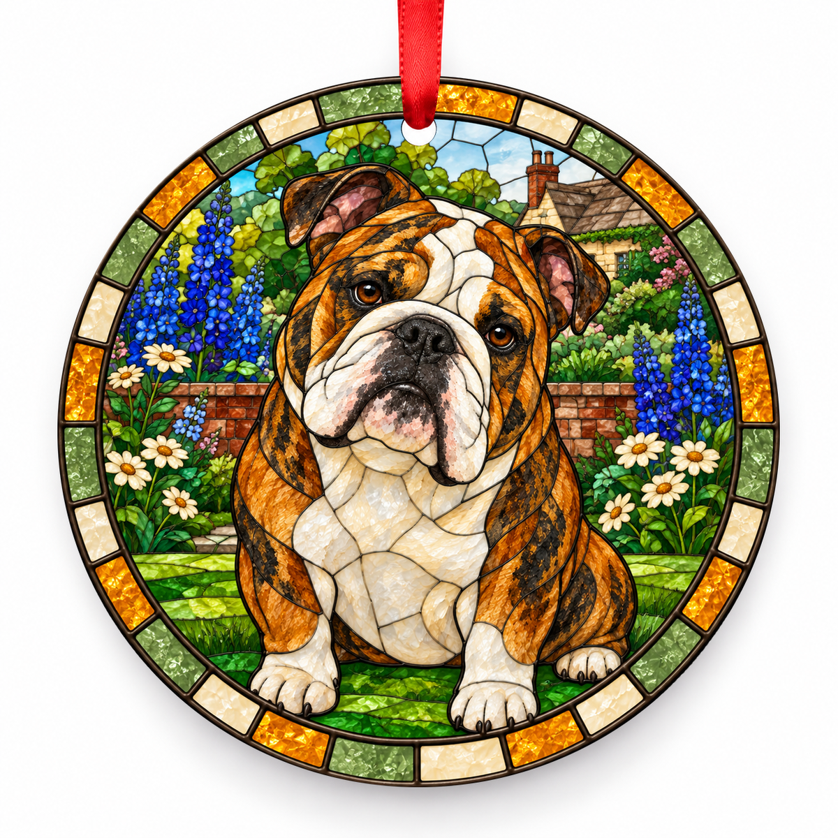 Bulldog Brindle and White porcelain Christmas ornament with red ribbon — ORN-10473