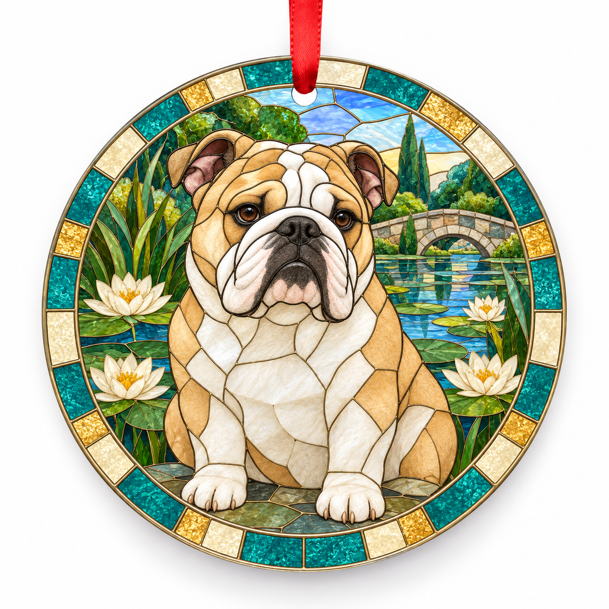 Bulldog Fawn and White porcelain Christmas ornament with red ribbon — ORN-10474