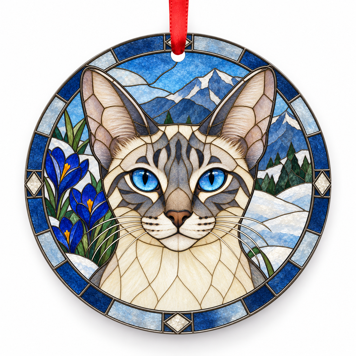 Colorpoint Shorthair Blue Lynx Point porcelain Christmas ornament with red ribbon — ORN-10477
