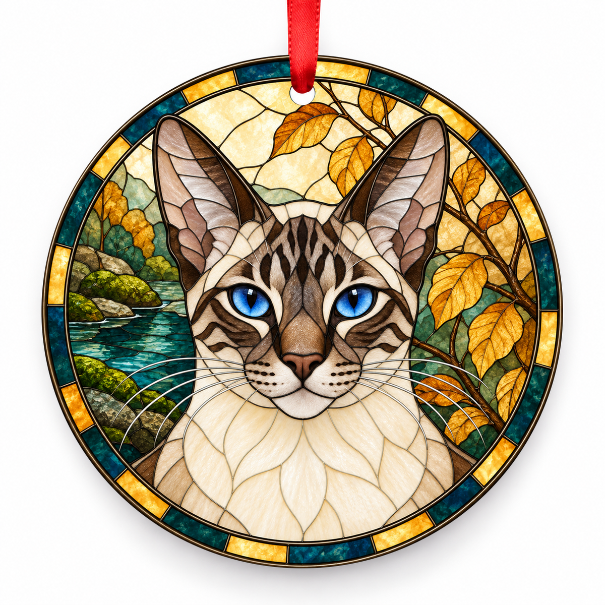 Colorpoint Shorthair Seal Lynx Point porcelain Christmas ornament with red ribbon — ORN-10480