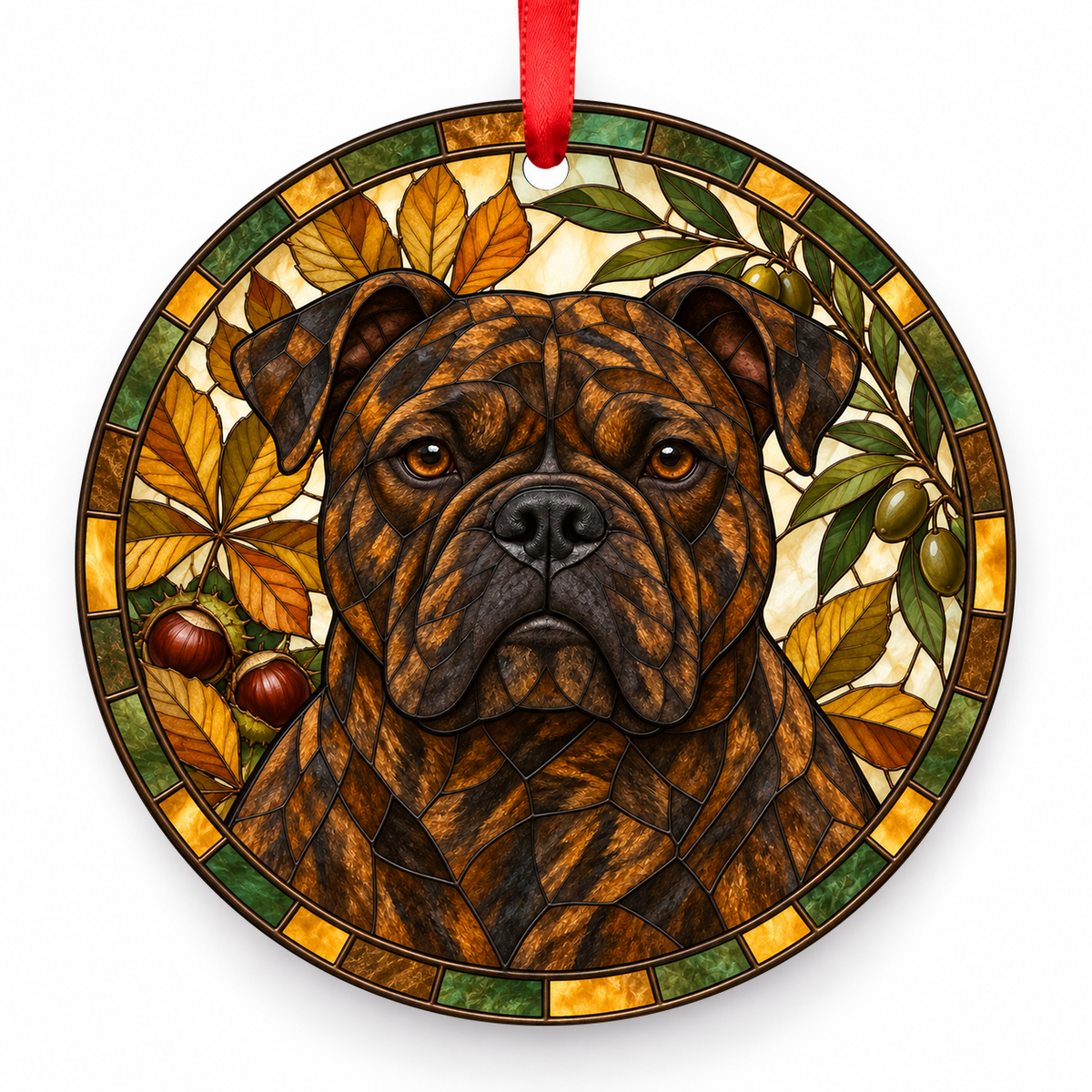 Continental Bulldog Brindle porcelain Christmas ornament with red ribbon — ORN-10482
