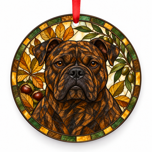 Continental Bulldog Brindle porcelain Christmas ornament with red ribbon — ORN-10482