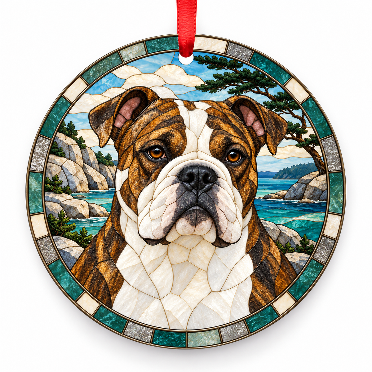 Continental Bulldog Brindle and White porcelain Christmas ornament with red ribbon — ORN-10483