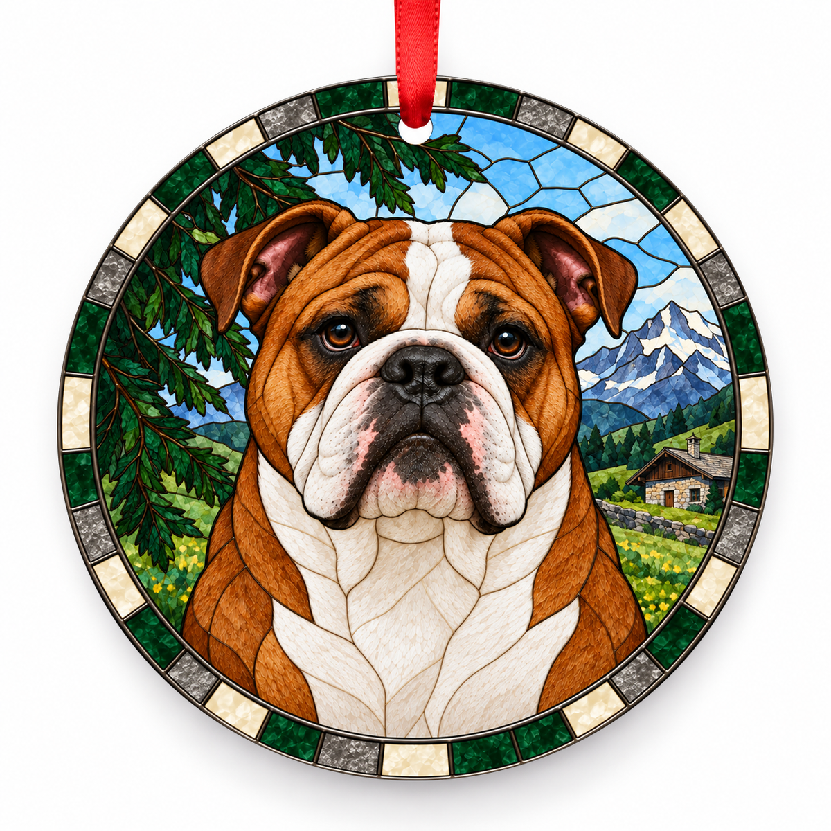 Continental Bulldog Red and White porcelain Christmas ornament with red ribbon — ORN-10486
