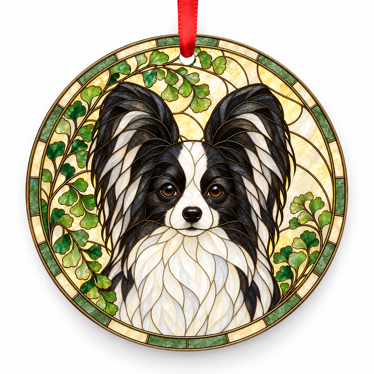 Papillon Black and White porcelain Christmas ornament with red ribbon — ORN-10487