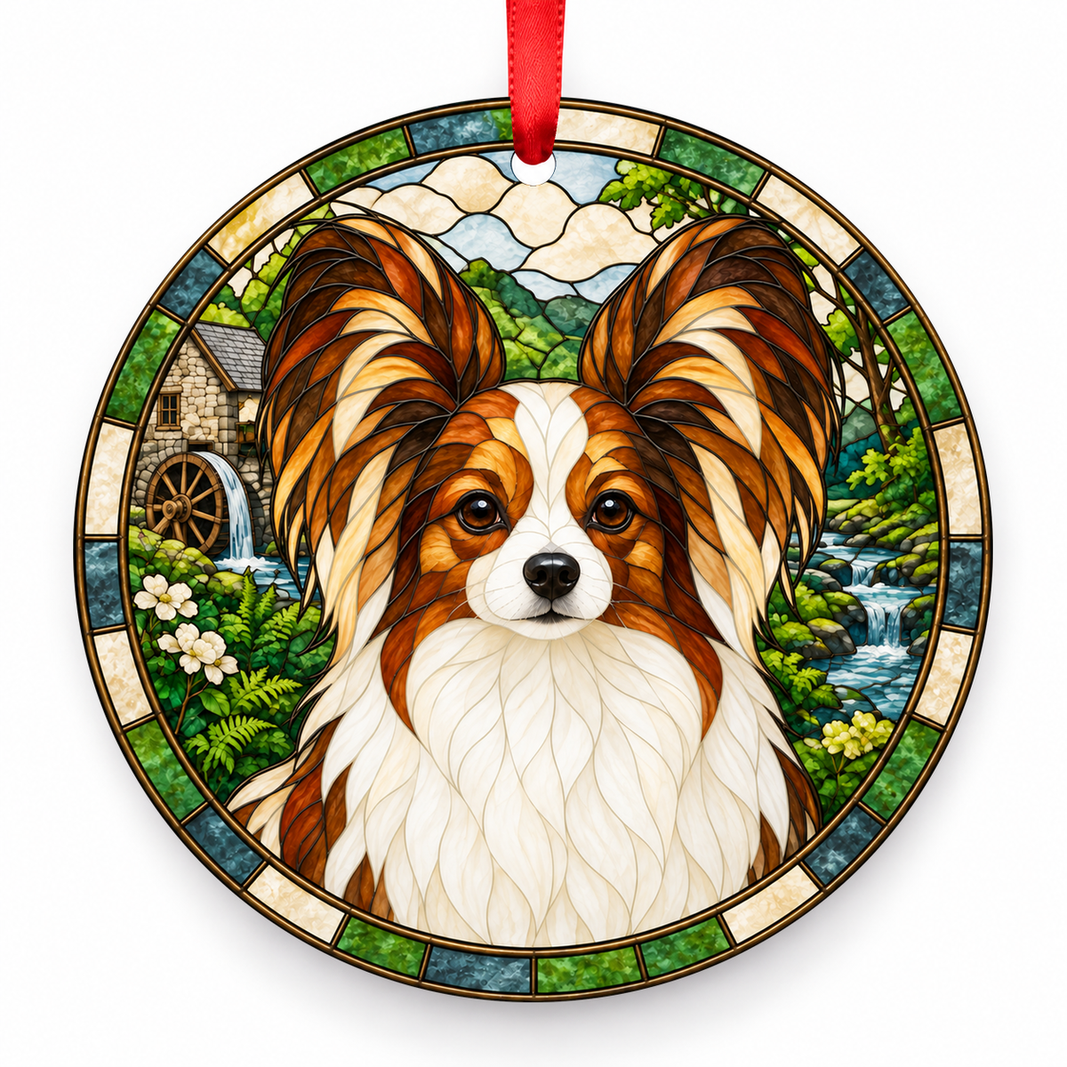 Papillon Sable and White porcelain Christmas ornament with red ribbon — ORN-10490