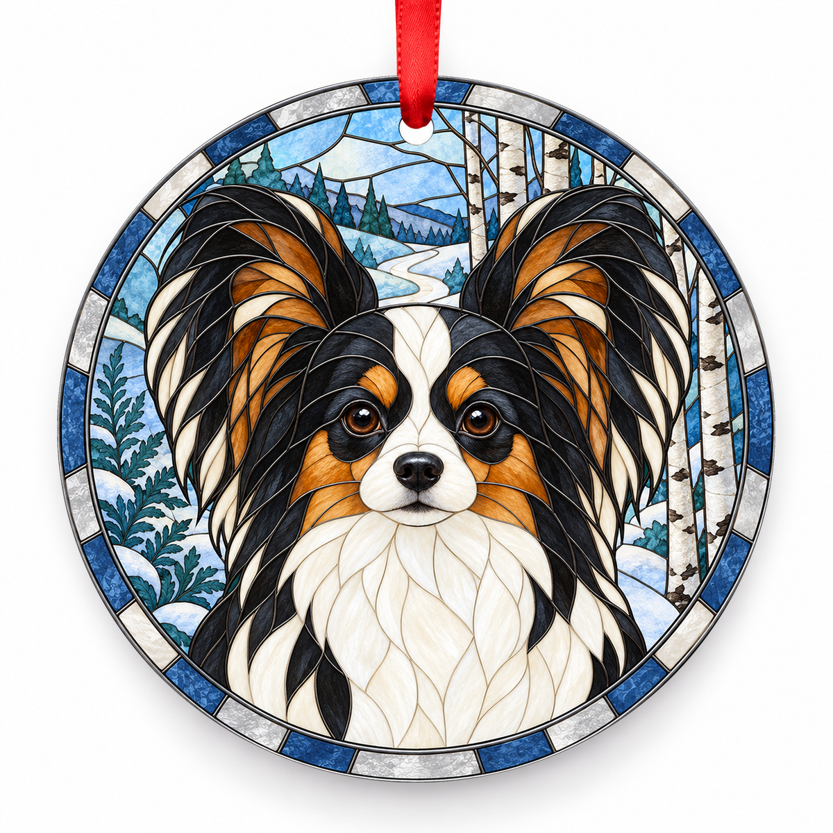Papillon Tricolor porcelain Christmas ornament with red ribbon — ORN-10491