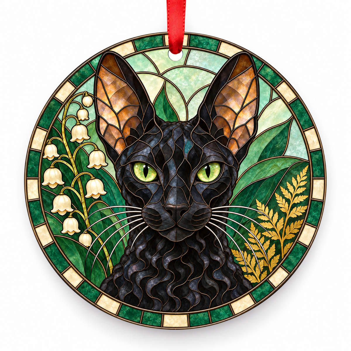 Cornish Rex Black porcelain Christmas ornament with red ribbon — ORN-10492