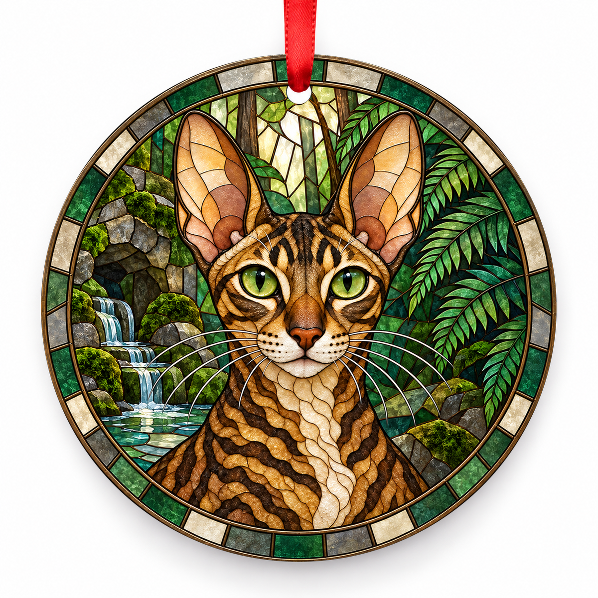 Cornish Rex Brown Tabby porcelain Christmas ornament with red ribbon — ORN-10494