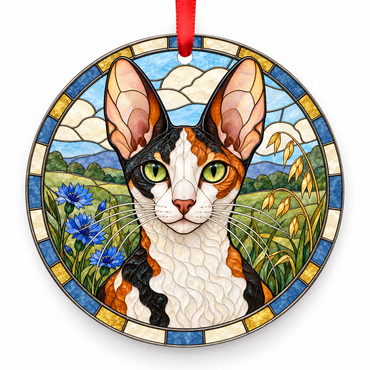 Cornish Rex Calico porcelain Christmas ornament with red ribbon — ORN-10495