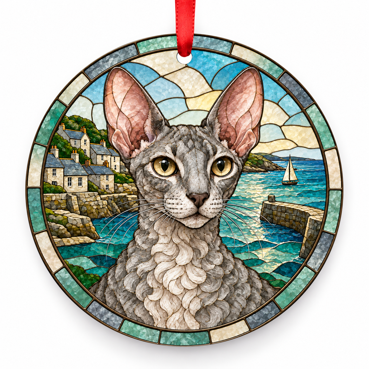 Cornish Rex Silver Tabby porcelain Christmas ornament with red ribbon — ORN-10497