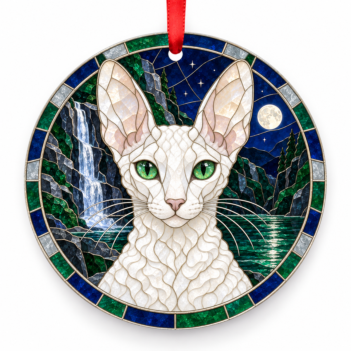 Cornish Rex White porcelain Christmas ornament with red ribbon — ORN-10501