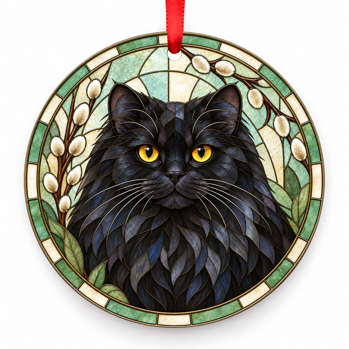 Cymric Black porcelain Christmas ornament with red ribbon — ORN-10505