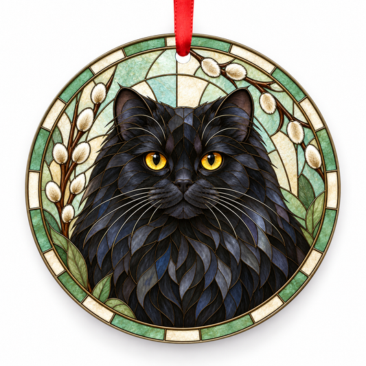 Cymric Black porcelain Christmas ornament with red ribbon — ORN-10505