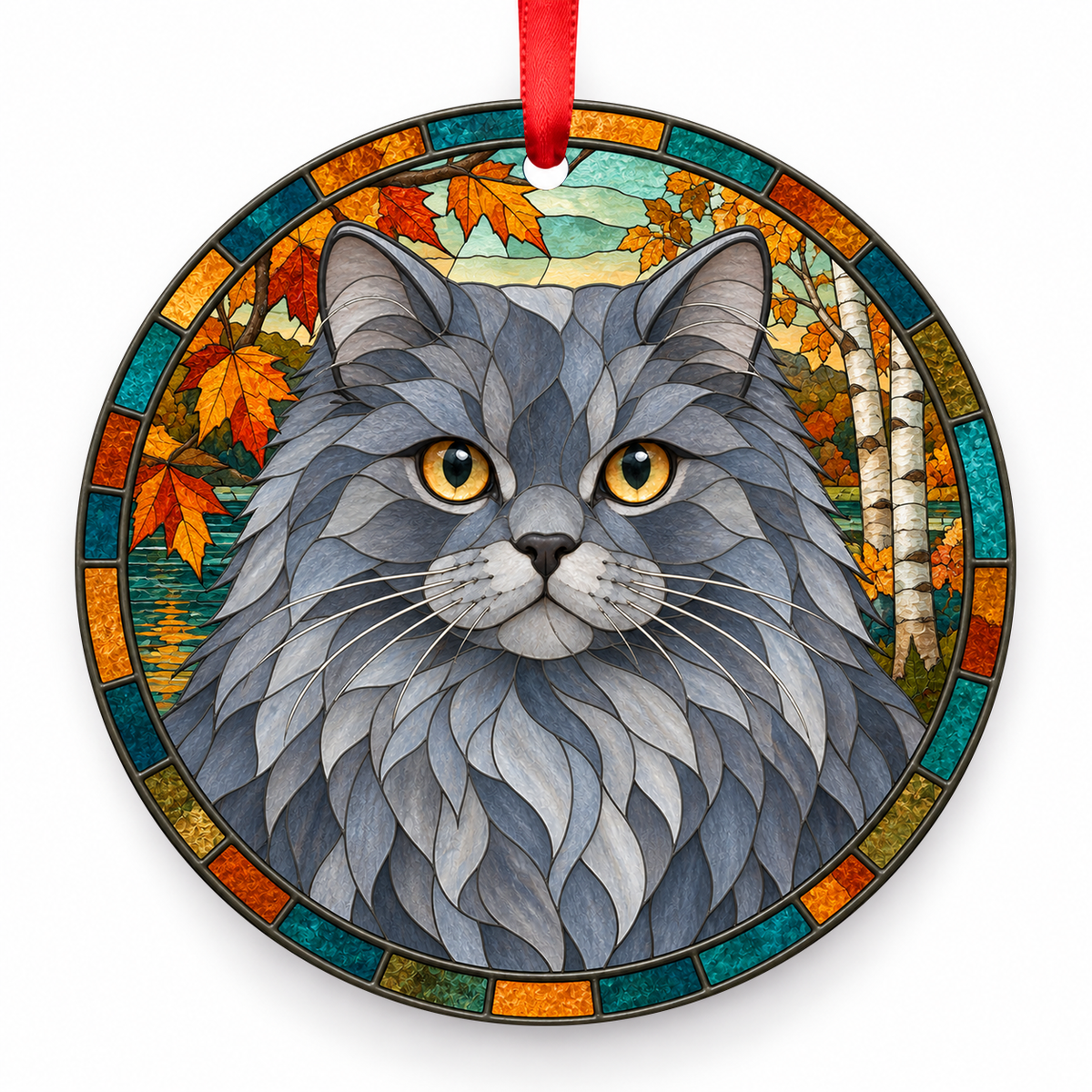 Cymric Blue porcelain Christmas ornament with red ribbon — ORN-10506