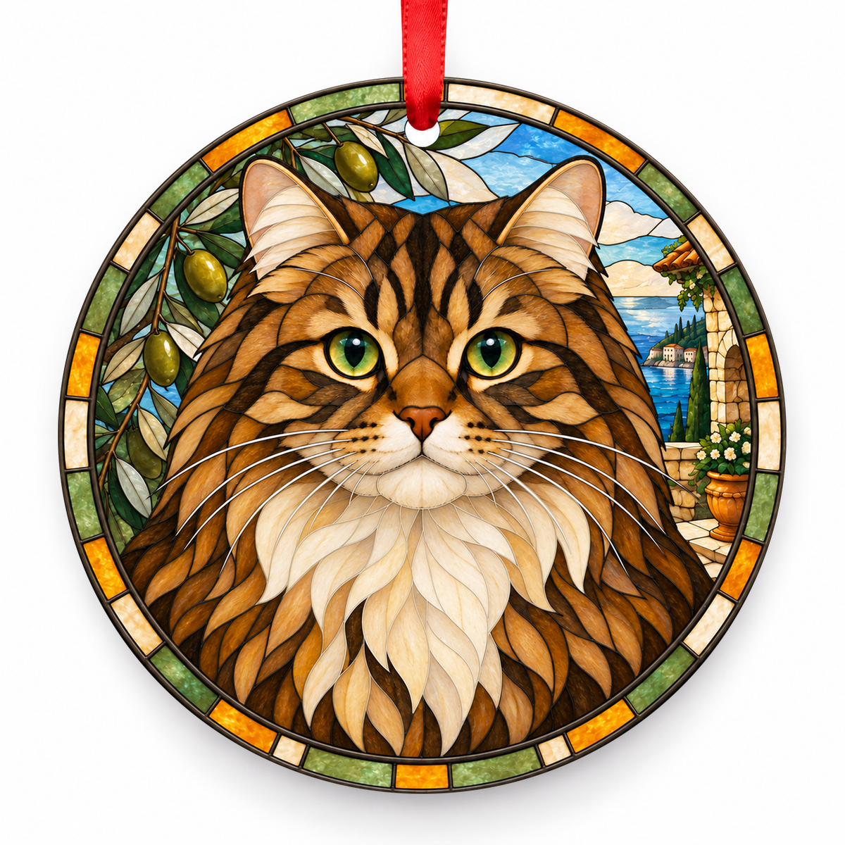 Cymric Brown Tabby porcelain Christmas ornament with red ribbon — ORN-10507