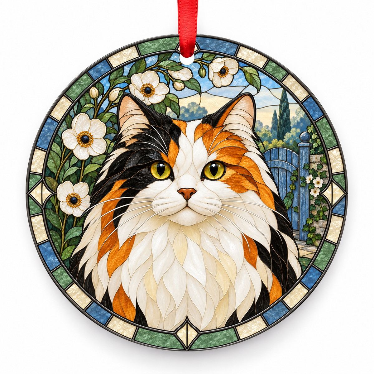Cymric Calico porcelain Christmas ornament with red ribbon — ORN-10508