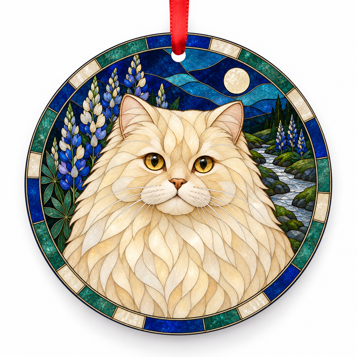 Cymric Cream porcelain Christmas ornament with red ribbon — ORN-10509