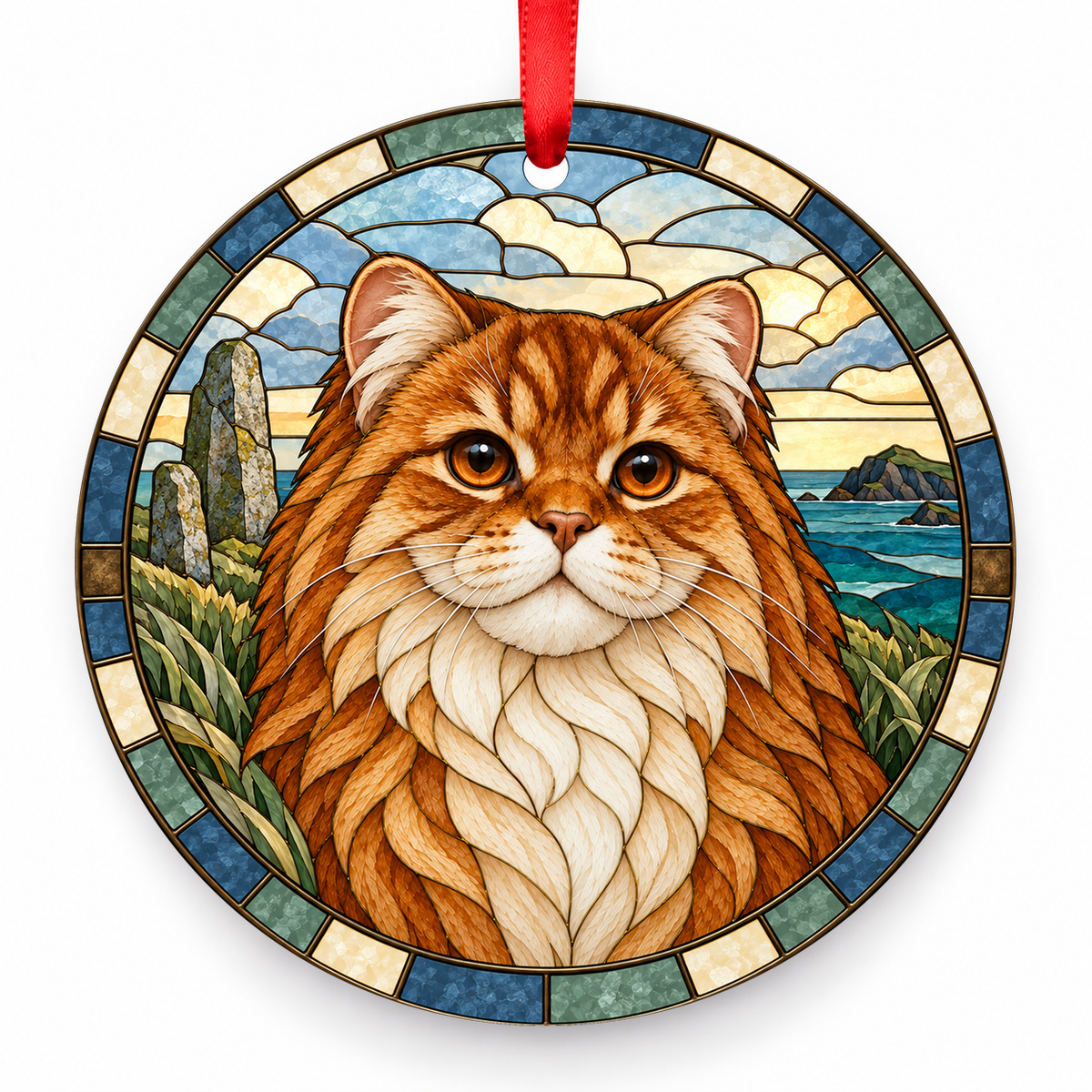 Cymric Red and White porcelain Christmas ornament with red ribbon — ORN-10510