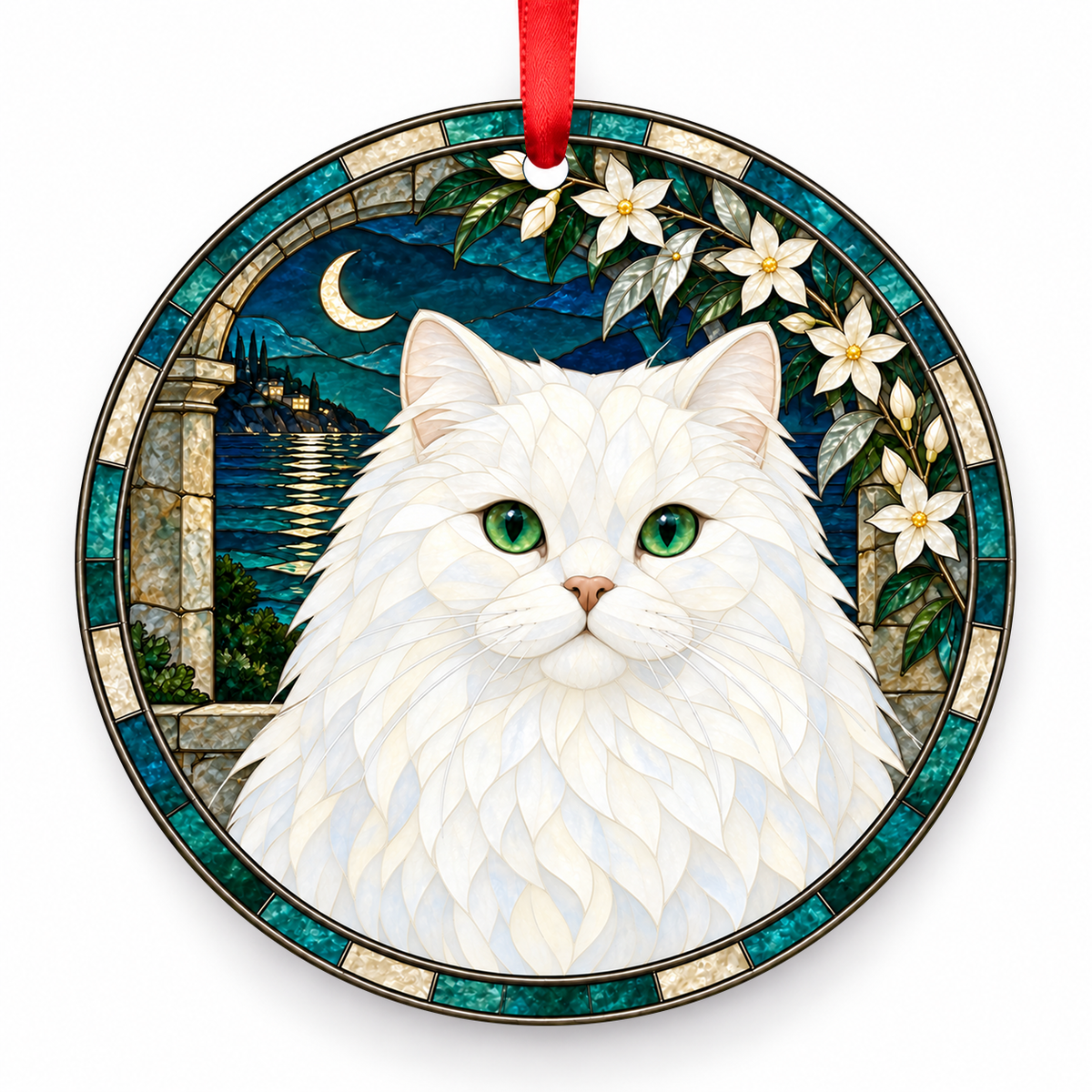 Cymric White porcelain Christmas ornament with red ribbon — ORN-10513