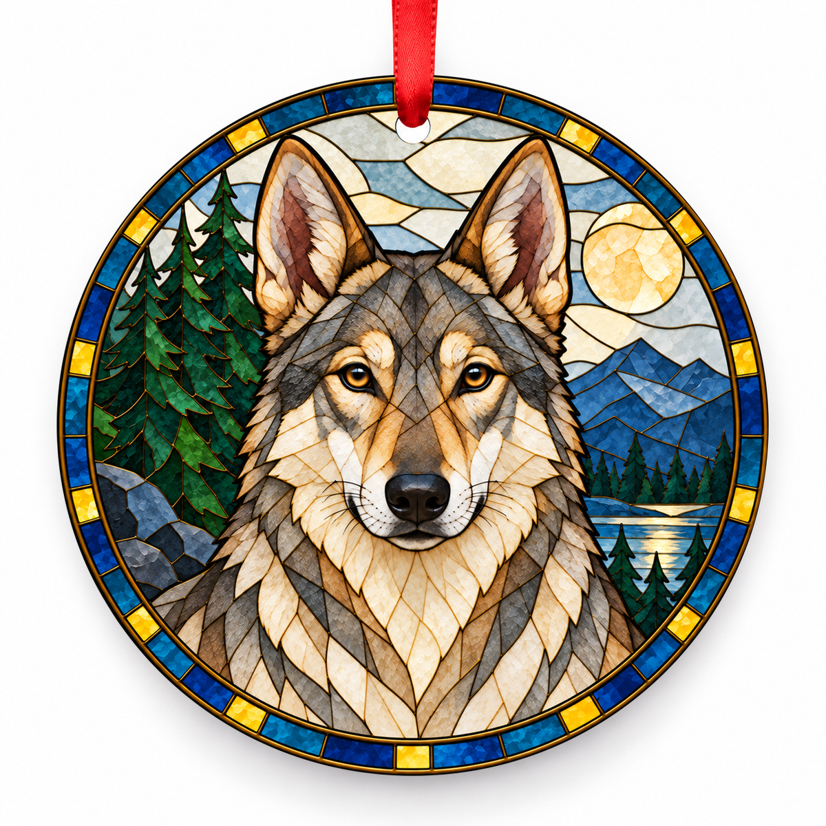 Czechoslovakian Wolfdog Wolf Gray porcelain Christmas ornament with red ribbon — ORN-10514
