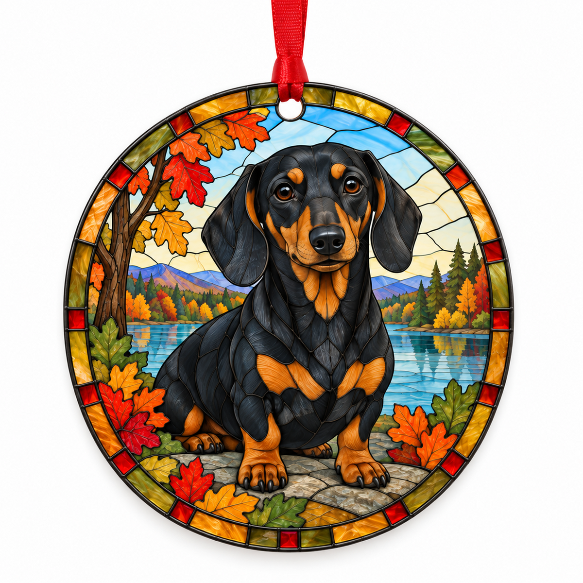 Dachshund Black and Tan stained glass style Christmas ornament — ORN-10515