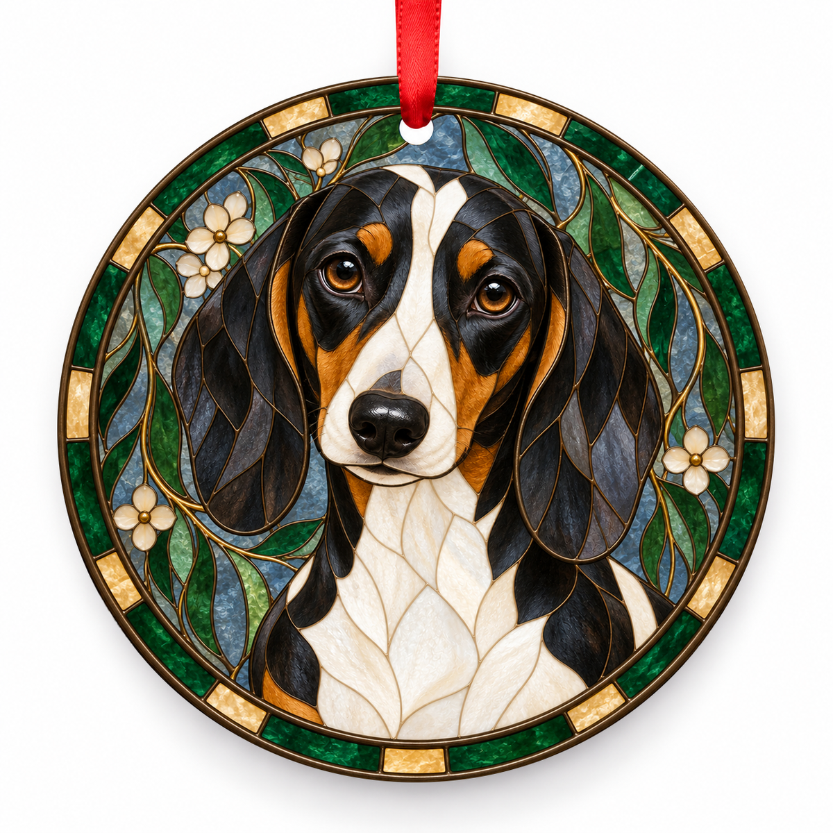 Dachshund Black and Tan Piebald porcelain Christmas ornament with red ribbon — ORN-10516