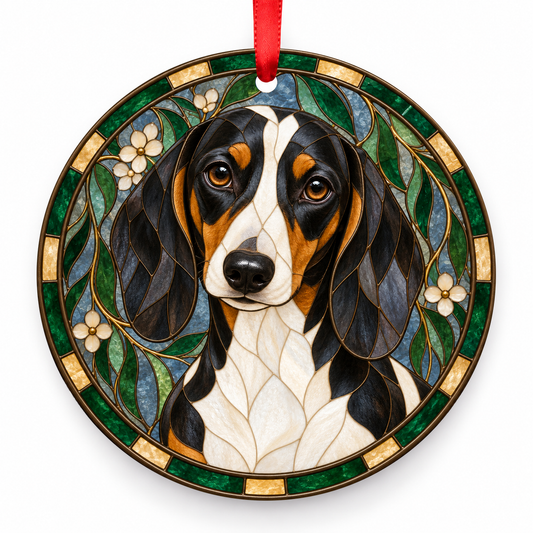 Dachshund Black and Tan Piebald porcelain Christmas ornament with red ribbon — ORN-10516