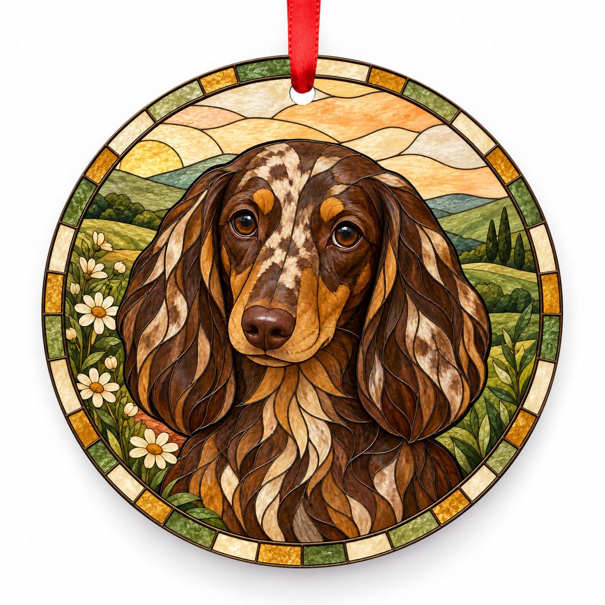 Dachshund Chocolate Dapple Longhaired porcelain Christmas ornament with red ribbon — ORN-10518
