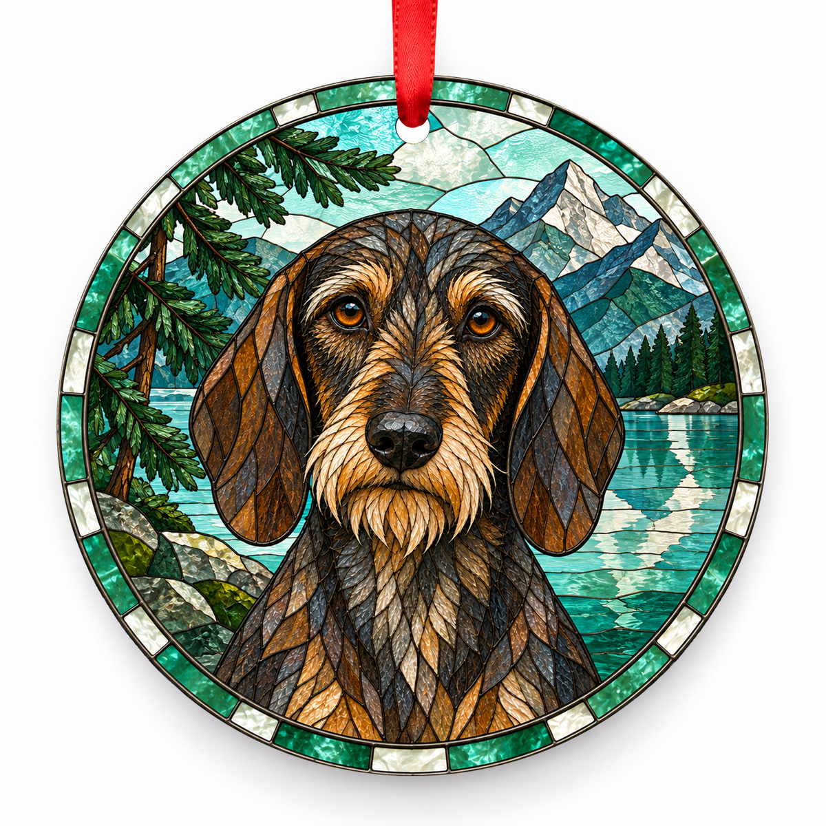 Dachshund Wild Boar Wirehaired porcelain Christmas ornament with red ribbon — ORN-10523